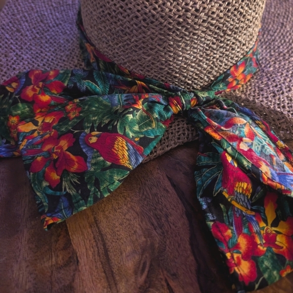 Vintage Scala Natural Rafia Straw Big Brim Sun Hat Tropical Multicolor Bow SZ SM main image 6